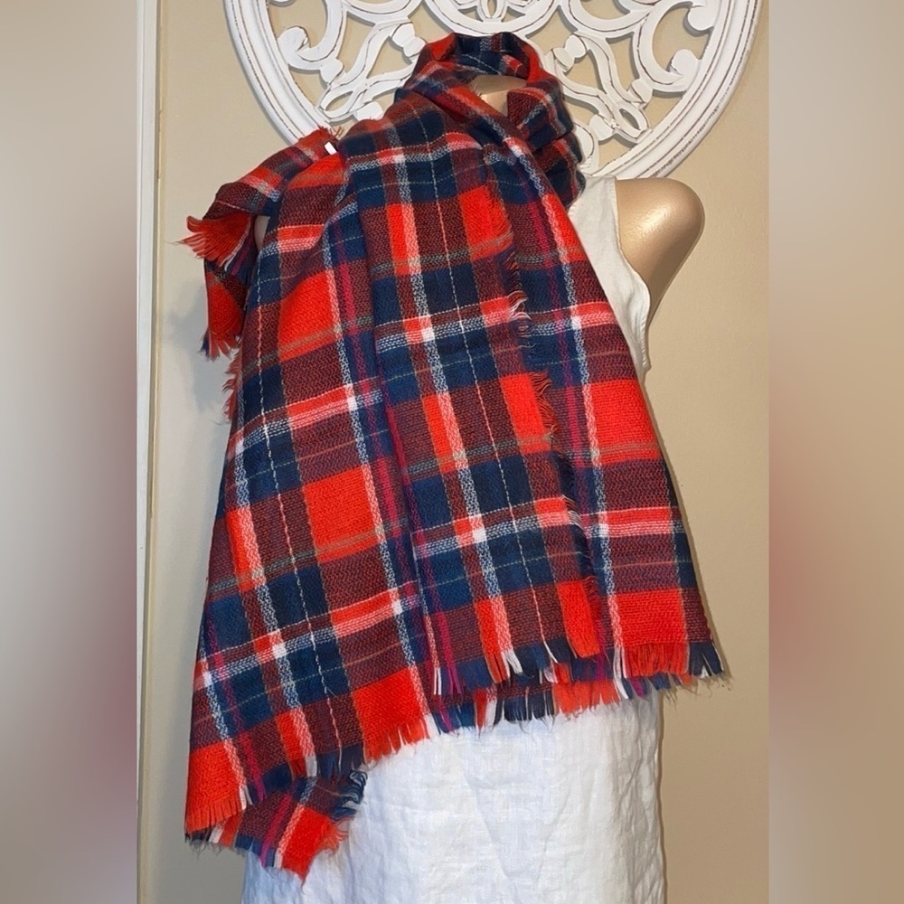 Boutique women’s men’s scarf wrap blanket plaid red blue winter warm accessory